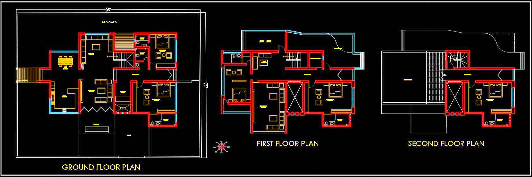 Bungalow AutoCAD Layout 95' x 75' with Ground + 2 Floors